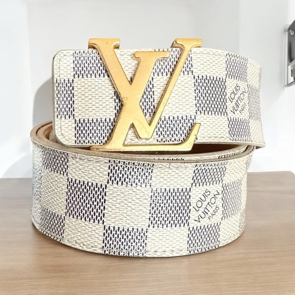 Authentic Louis Vuitton Damier Azur Leather & Gold Buckle Belt 80/32 - Picture 2 of 14
